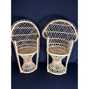 Vintage Wicker Peacock Chair Plant Stands - Set of 2